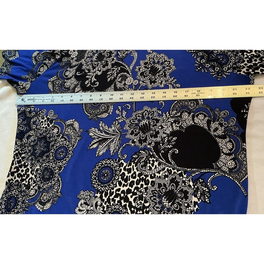 JM Collections - Size XL Petite Blouse Top Blue Black Floral Long Sleeve Stretch - Picture 4 of 8